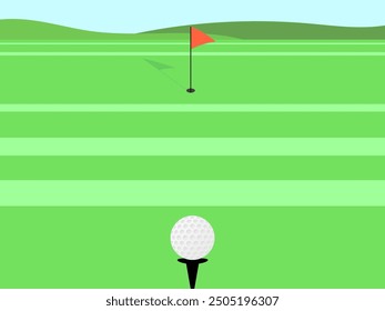 Playing golf. Green golf course with ball in foreground and red flag with hole in background. Green striped golf course. Design for banners, posters and advertising products. Vector illustration