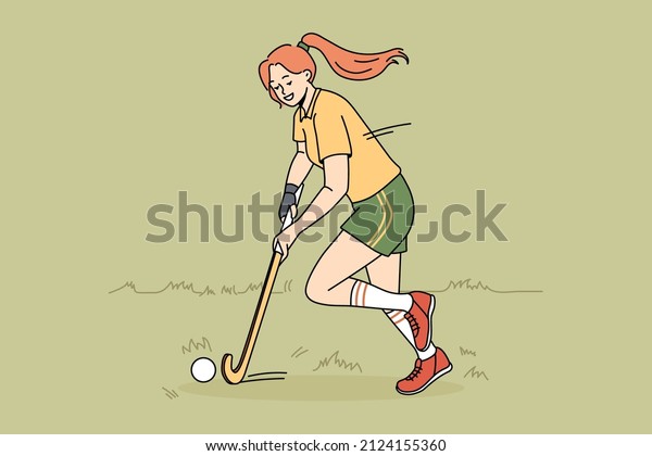 Playing golf and sport concept. Smiling\
teen girl playing golf with club wearing sportswear taking park in\
competition on grass vector illustration\
