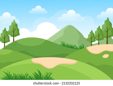 Golfsport mit Flaggen, Sandboden, Sand-Bunker und Ausrüstung auf Außen-Gard-Grünanlagen auf flattem Cartoon-Hintergrund - Illustration