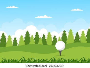 Playing Golf Sport with Flags, Sand Ground, Sand Bunker and  Equipment on Outdoors Yard Green Plants in Flat Cartoon Background Illustration