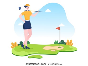 Playing Golf Sport with Flags, Sand Ground, Sand Bunker and  Equipment on Outdoors Yard Green Plants in Flat Cartoon Background Illustration