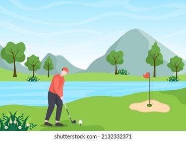 Golfsport mit Flaggen, Sandboden, Sand-Bunker und Ausrüstung auf Außen-Gard-Grünanlagen auf flattem Cartoon-Hintergrund - Illustration