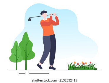 Playing Golf Sport with Flags, Sand Ground, Sand Bunker and  Equipment on Outdoors Yard Green Plants in Flat Cartoon Background Illustration