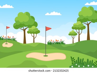 Playing Golf Sport with Flags, Sand Ground, Sand Bunker and  Equipment on Outdoors Yard Green Plants in Flat Cartoon Background Illustration