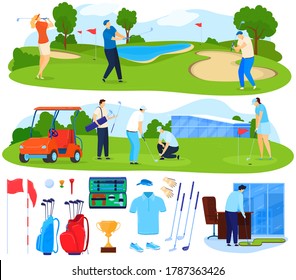 Playing golf vector illustration set. Cartoon flat active players people play game on grass, golfer character hitting ball with club, healthy sport leisure activity, golf equipment isolated on white