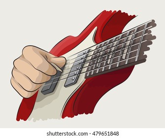 Playing guitar colored illustration. Right hand picking string.