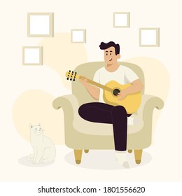 Playing guitar concept man with cat in living room for banner, poster, website, etc.