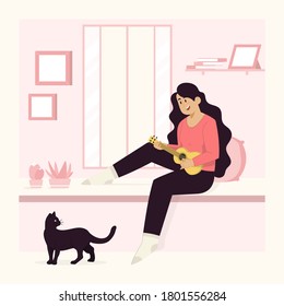 Playing guitar concept woman and cat sitting on the window at home for banner, poster, website, etc.