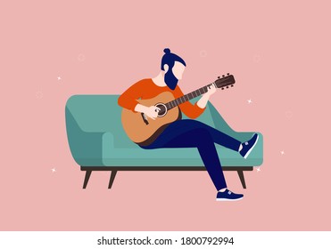 Gitarre spielen auf dem Sofa zu Hause. Junger Mann mit Bart, der allein akustisches Gitarreninstrument praktiziert. Vektorgrafik.