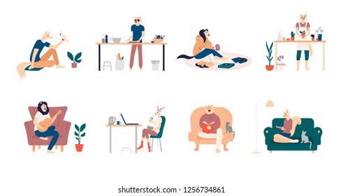 Playing guitar, eating sushi, surfing internet, listening to music, reading books, cooking. Bundle of young animal character spending weekend at home. Color vector illustration in flat cartoon 