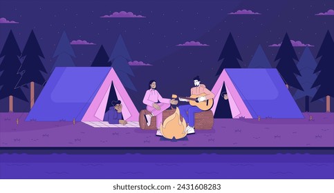 Playing guitar friends camping tents line cartoon flat illustration. Bonfire night people multicultural 2D lineart landscape background. Feel nostalgic nighttime. Lo fi vibes scene vector color image