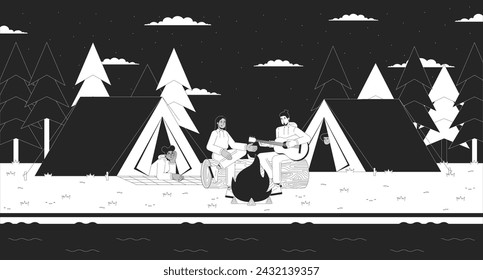 Playing guitar friends camping tents black and white cartoon flat illustration. Bonfire night people 2D linear landscape background. Feel nostalgic. Lo fi vibes monochrome scene vector outline image