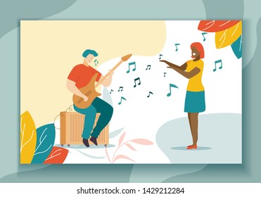 Playing Guitar Hobby and Singing Flat Illustration. Caucasian Man with Musical Instruments sitting on Sound Amplifier. Afro American Woman Singer Standing near. People Love Music. Vector Cartoon