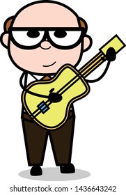 Playing Guitar - Retro Cartoon Father Old Boss Vector Illustration
