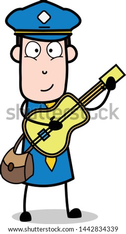 Playing Guitar - Retro Postman Cartoon Courier Guy Vector Illustration
