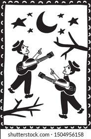 playing the guitar under the moonlight. illustration of cordel style