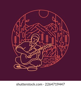 Playing Guitar in the Wild Forest Monoline Design Illustration for Apparel