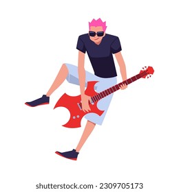 Playing guitarist with pink hair flat style, vector illustration isolated on white background. Musical performer, young man character, rock star, decorative design element