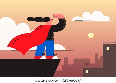 Playing and happy childhood games concept. Little girl cartoon character standing looking at horizon and playing superhero vector illustration 