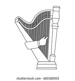 Playing the harp stringed musical instrument. Orchestral harp single icon in outline style vector symbol stock illustration web.