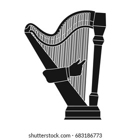 Playing the harp stringed musical instrument. Orchestral harp single icon in black style vector symbol stock illustration web.