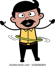 Playing with Hula Hoop - Indian Cartoon Man Father Vector Illustration