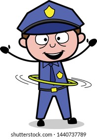 Playing with Hula Hoop - Retro Cop Policeman Vector Illustration