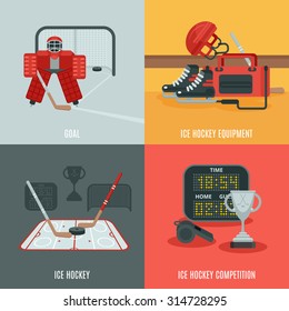 Playing ice hockey icons set with equipment competition and goal flat isolated vector illustration 