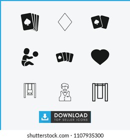Playing icon. collection of 9 playing filled and outline icons such as pllaying card, swing, hearts, diamonds. editable playing icons for web and mobile.