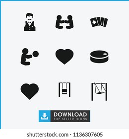 Playing icon. collection of 9 playing filled icons such as hearts, hockey puck, casino boy. editable playing icons for web and mobile.