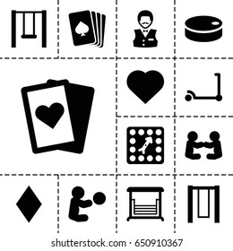 Playing icon. set of 13 filled playingicons such as kick scooter, pllaying card, hearts, diamonds, casino boy, swing, board game, hockey puck