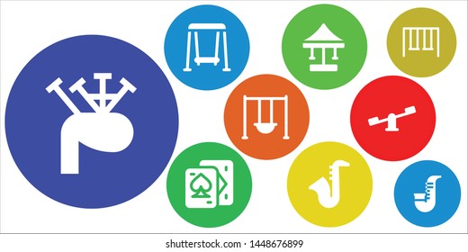 playing icon set. 9 filled playing icons.  Collection Of - Bagpipes, Swing, Playing cards, Saxophone, Swings