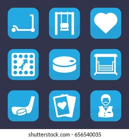 Playing icon. set of 9 filled playing icons such as kick scooter, hearts, casino boy, swing, board game, hockey puck, hockey stick and puck