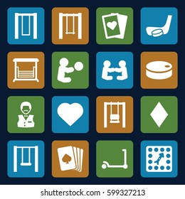 playing icons set. Set of 16 playing filled icons such as kick scooter, pllaying card, Hearts, Diamonds, Casino boy, swing, board game, hockey puck