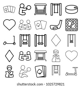 Playing icons. set of 25 editable outline playing icons such as kick scooter, pllaying card, hearts, diamonds, casino boy, swing, board game, hockey puck