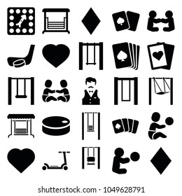 Playing icons. set of 25 editable filled playing icons such as pllaying card, hearts, diamonds, swing, board game, hockey puck, hockey stick and puck, kick scooter