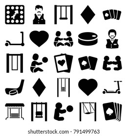 Playing icons. set of 25 editable filled playing icons such as kick scooter, pllaying card, hearts, diamonds, casino boy, swing, board game, hockey puck