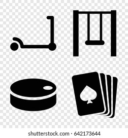 Playing icons set. set of 4 playing filled icons such as kick scooter, pllaying card, swing