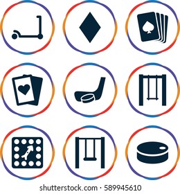 playing icons set. Set of 9 playing filled icons such as kick scooter, pllaying card, Diamonds, swing, board game, hockey puck, hockey stick and puck