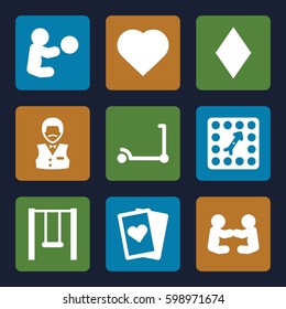 playing icons set. Set of 9 playing filled icons such as kick scooter, Hearts, Diamonds, Casino boy, board game