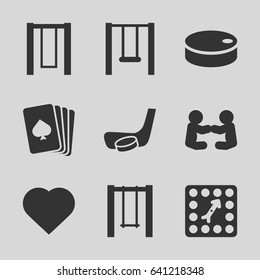 Playing icons set. set of 9 playing filled icons such as pllaying card, hearts, swing, board game, hockey puck, hockey stick and puck