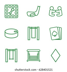 Playing icons set. set of 9 playing outline icons such as pllaying card, Diamonds, swing, board game, hockey puck, hockey stick and puck