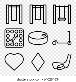Playing icons set. set of 9 playing outline icons such as kick scooter, hearts, diamonds, swing, board game, hockey puck