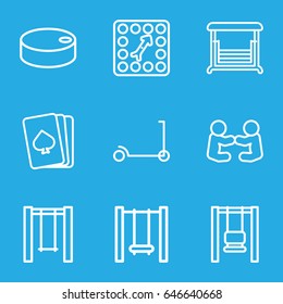 Playing icons set. set of 9 playing outline icons such as kick scooter, pllaying card, swing, board game, hockey puck