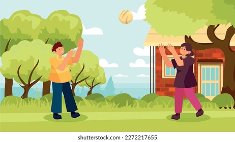 Playing illustration at the park. There are two children and playing ball. Illustration of the two children playing toy ball at the playground.