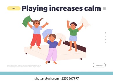 Playing increase calm concept of landing page with kids fight pillows on bed. Active joyful children enjoy spending time together in bedroom at home. Cartoon flat vector illustration