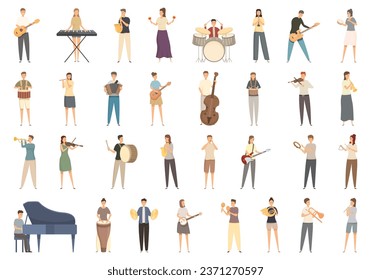 Playing an instrument icons set cartoon vector. Child music. Play student