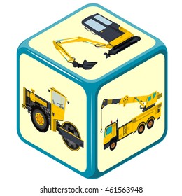 Playing isometric dice. Construction machinery game. Color full cube on white background. Six sides game die. Side with excavator, bagger and truck, risk. Flatten isolated master vector illustration.