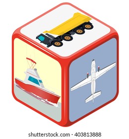 Playing isometric dice with means of transport. How to travel? Accidental  choice. Transportation funny game. Cube on white. Die with boat, plane and truck. Flatten isolated master vector illustration