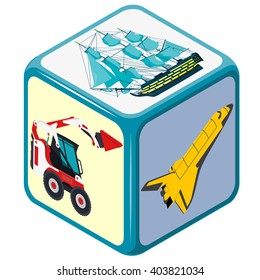 Playing isometric dice with means of transport. How to travel? Accidental choice. Transportation game. Cube on white. Die with space shuttle, excavator and boat. Flatten isolated vector illustration
